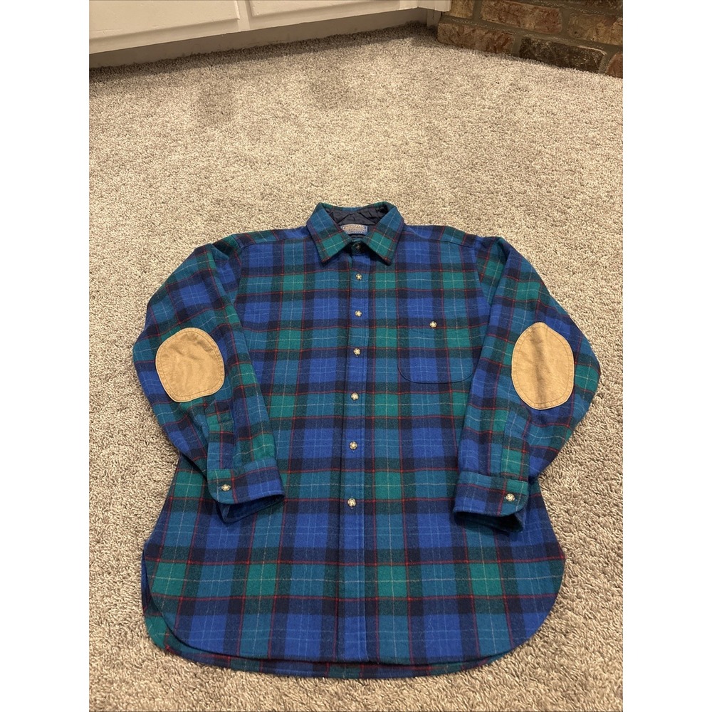 Vintage Pendleton Shirt Mens L Virgin Wool Flannel Button Up Elbow Patches USA